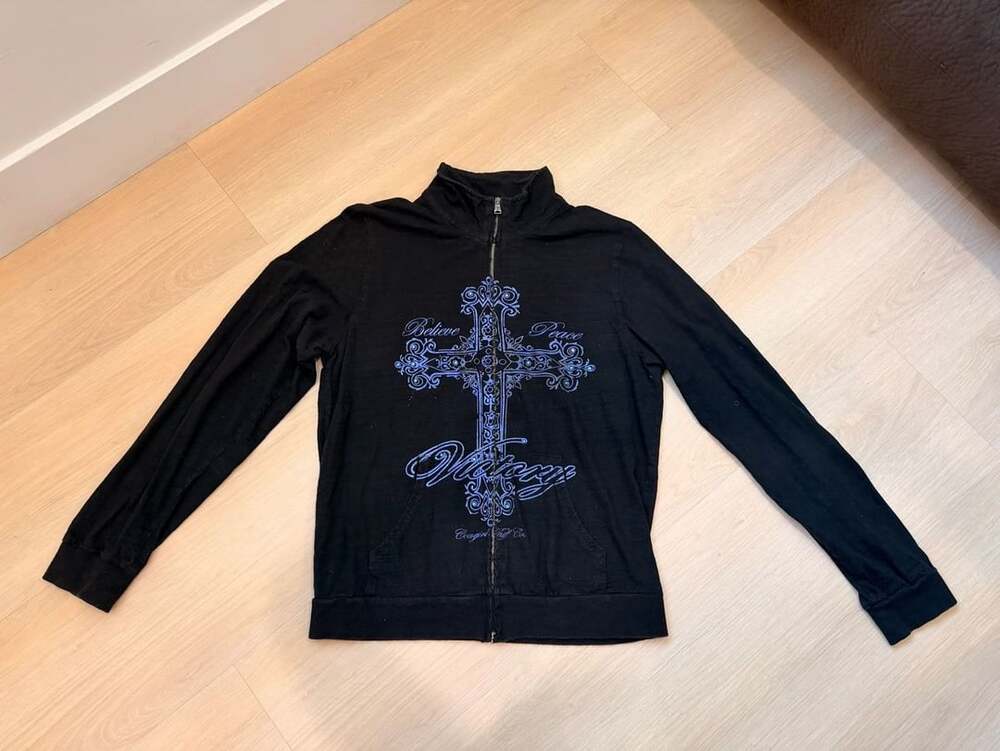 Cowgirl Tuff Co. Full Zip Jacket Size L Black Rhinestone Cross Y2K